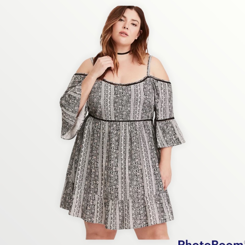 TORRID Mixed Print Off the Shoulder Challis Mini Dress, Size 1, XL, 14-16